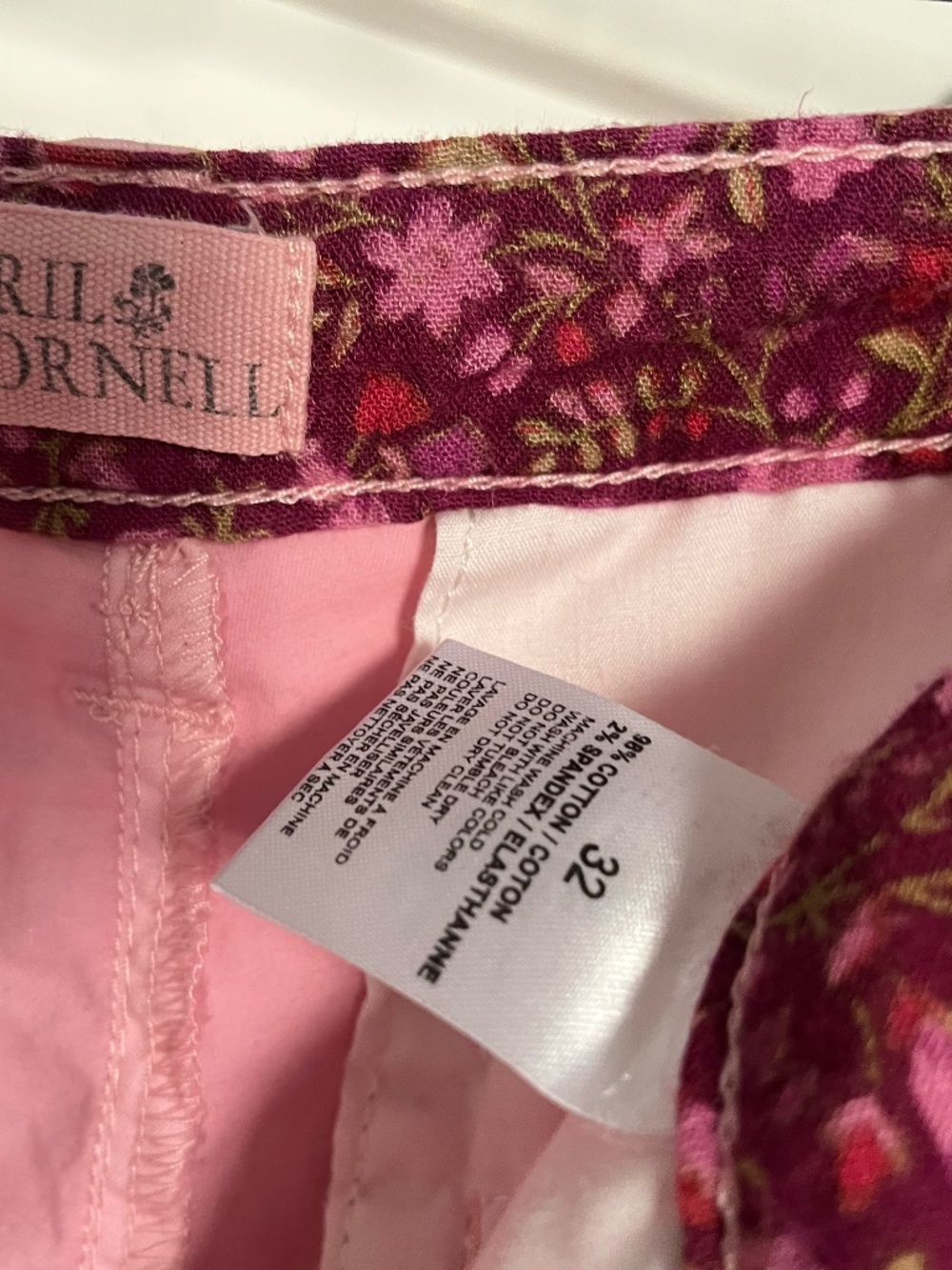 April Cornell Pink Sun Bleached Dye Floral Trim Chino Pants Women Size 32 Slim